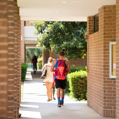 Students walking on campus on a sunny day